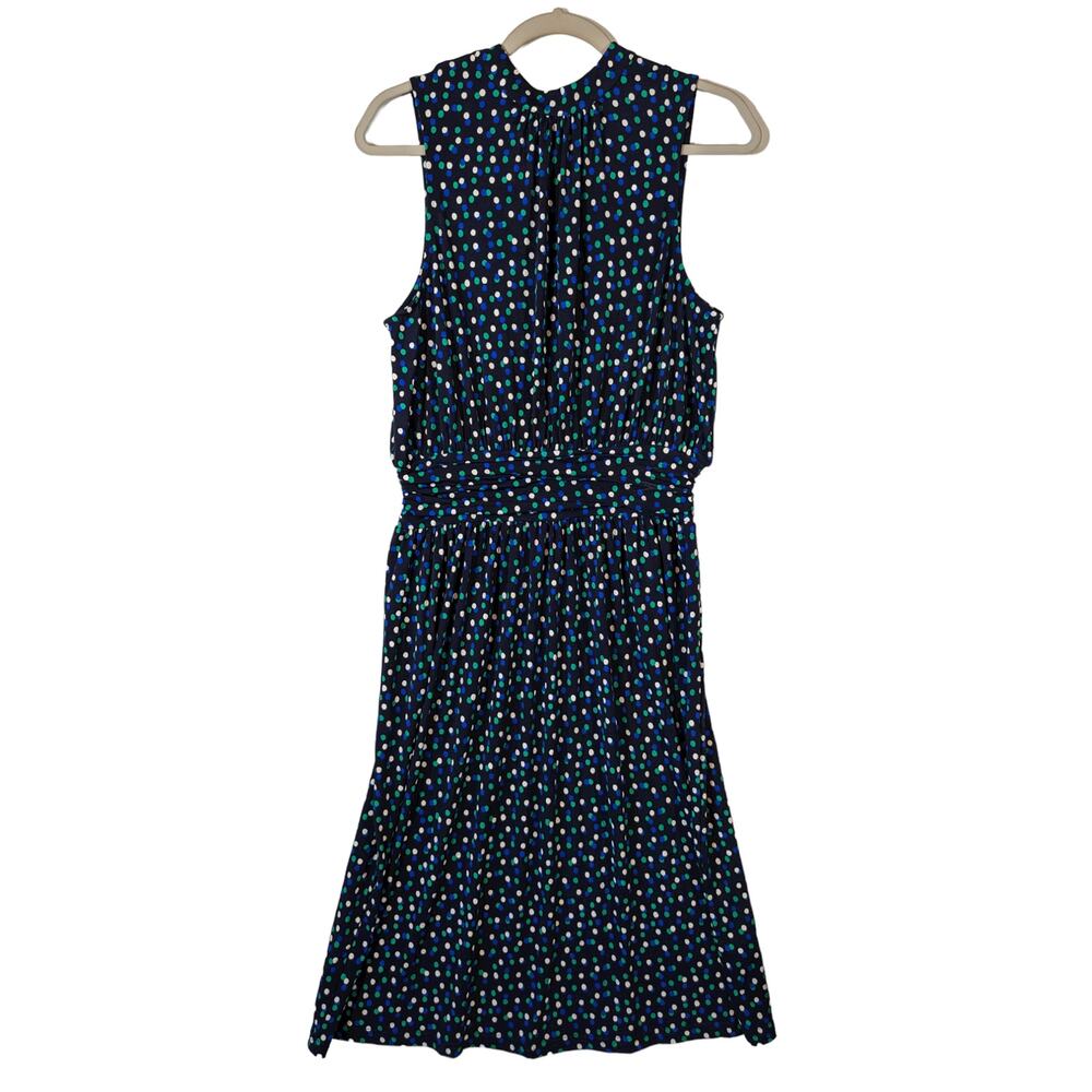 Leota Aria Dress Polka Dot Ruched Waist Sleeveless Blue Medium‎ Knot Dotted Knee